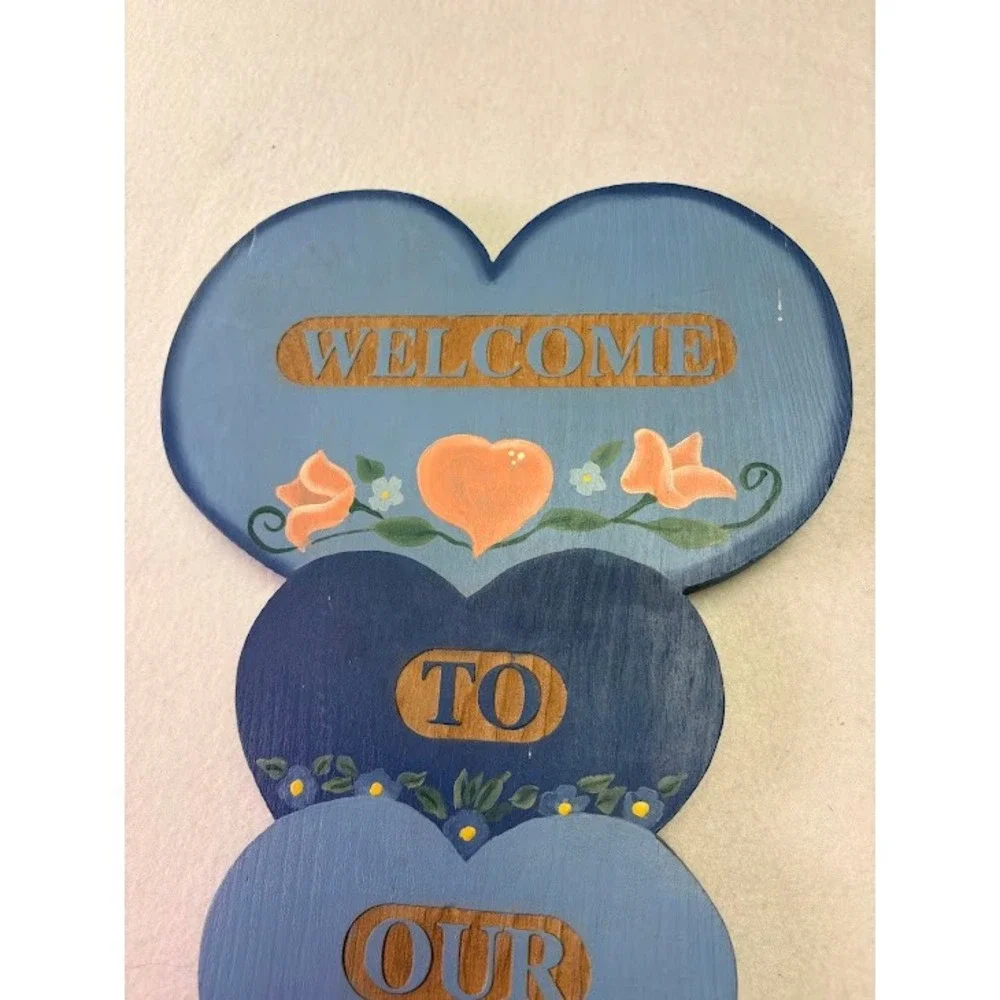 Handmade Welcome To Our Home Sign Wall Plaque Blue Wood‎ Hearts Vtg 1989 Cottage